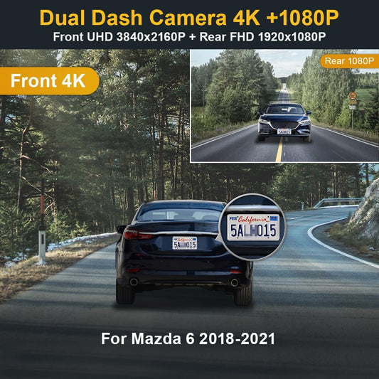 2018-2021 Mazda 6 Dash Cam (Has Sunroof), OEM Factory Look Front 4K+Rear 1080P Dash Cam, Parking Sensor