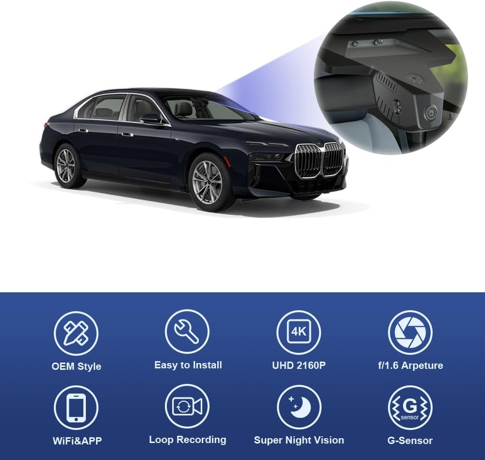 BMW 7 Series & i7 Dash Cam (2023-2026), Custom Fit OEM Look, UHD 2160P Video, WiFi & APP, Easy to Install