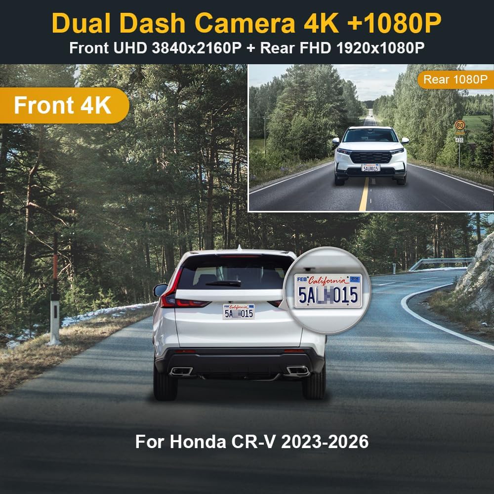 Honda CR-V Dash Cam (2023-2026), OEM Factory Look Front 4K+Rear 1080P Dash Cam, 128G