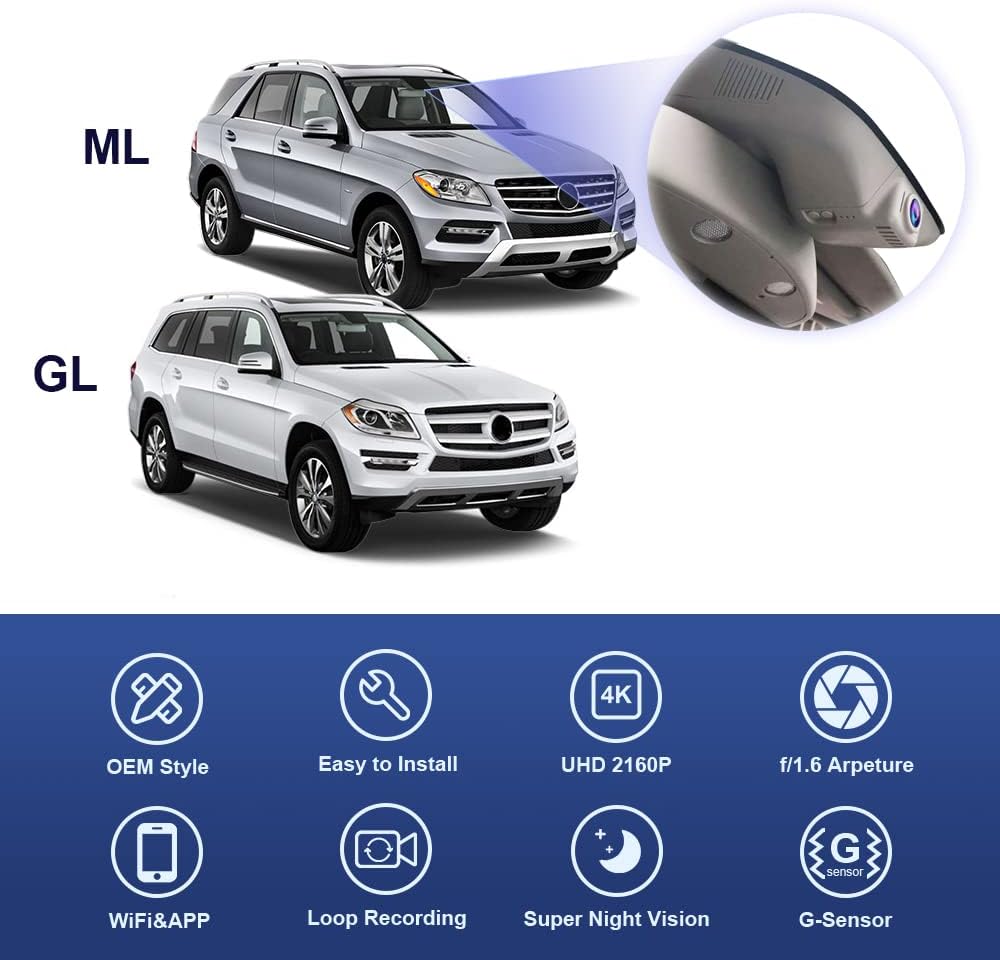 4K Dash Cam for Mercedes-Benz GL (2013-2016) and ML (2012-2015), Factory OEM Look, 2160P UHD Video