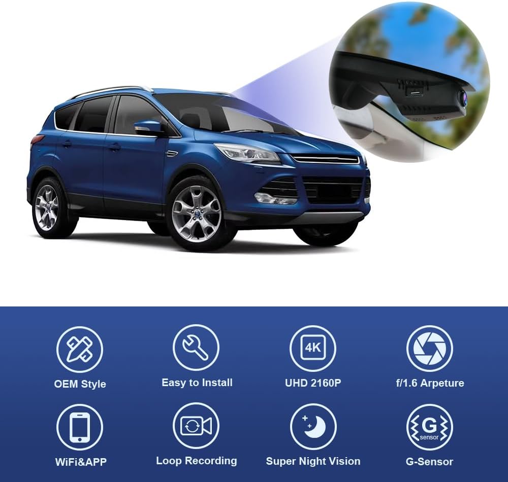 Ford Escape 4K Dash Cam (2013-2019), OEM Style, 2160P UHD Video, Built-in WiFi & APP
