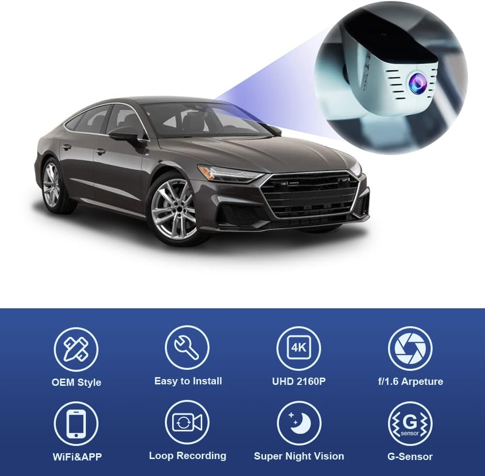 Audi Dash Cam (Model B), Custom Fit OEM Look, UHD 2160P Video, Built-in WiFi & APP, Loop Recording