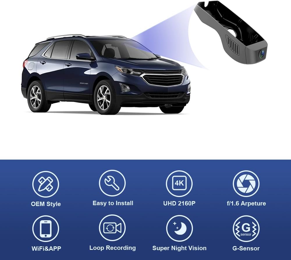 Chevy Equinox Dash Cam (2018-2023), Custom Fit OEM Look, UHD 2160P Video, Built-in WiFi & APP, G-Sensor