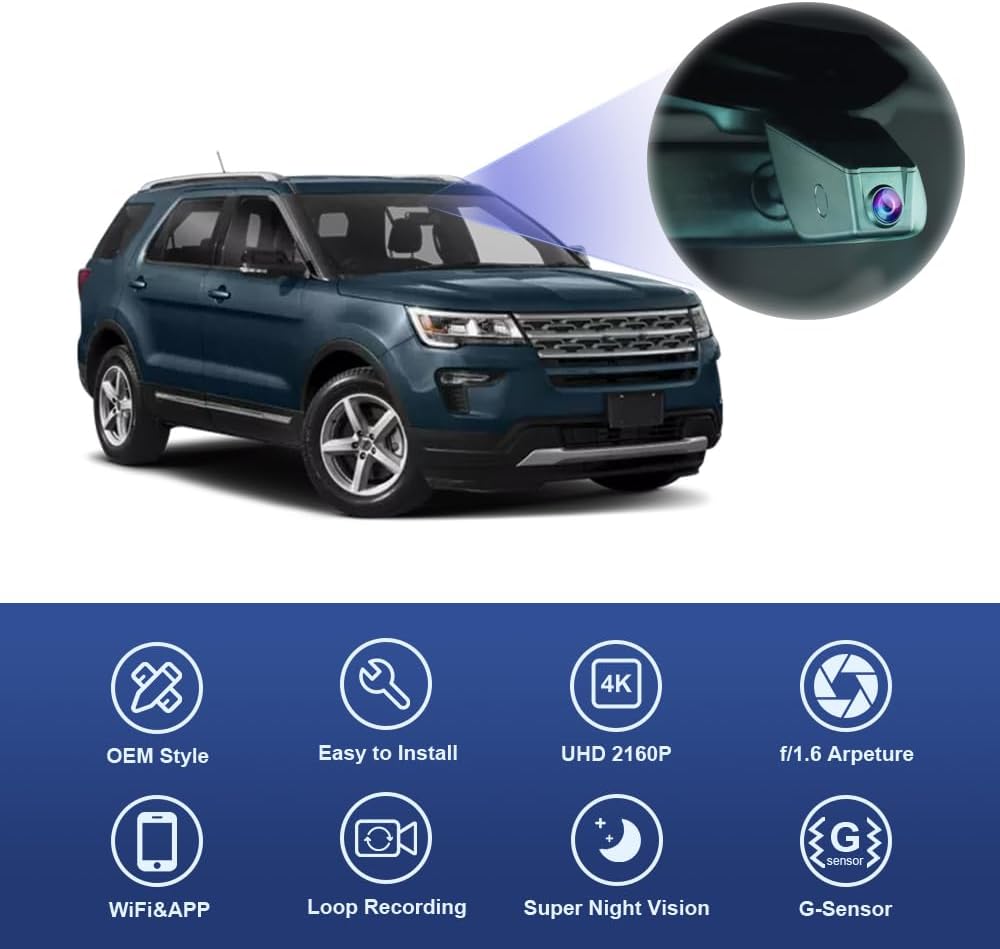 Ford Explorer Dash Cam (2011-2019), Factory Fit OEM Look, 2160P UHD Video, Built-in WiFi & APP