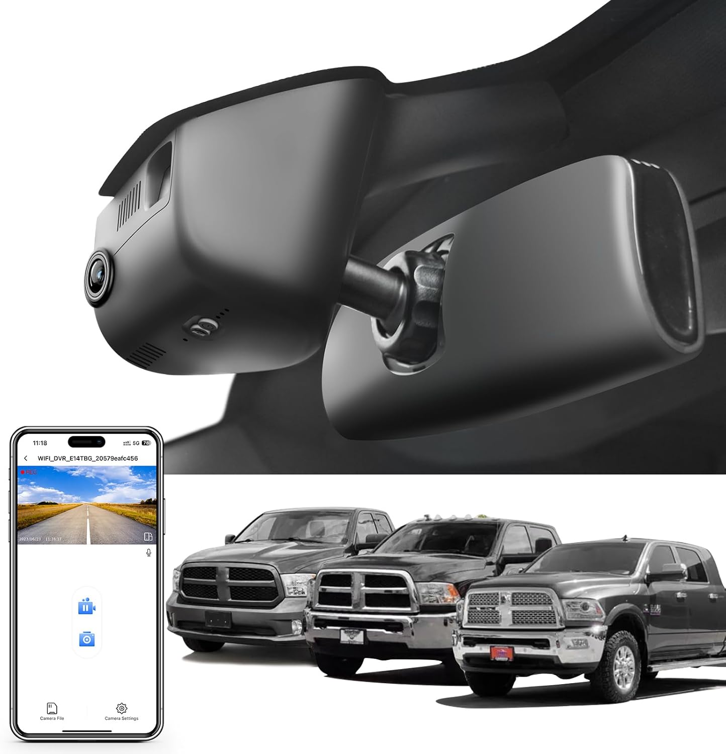Dodge RAM Dash Cam (2013-2018), OEM Look, UHD 2160P Video, Built-in WiFi & APP, G-Sensor