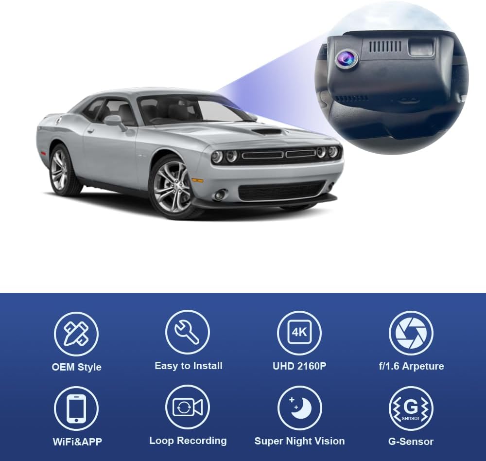 Dodge Challenger Dash Cam (2015-2023), OEM Factory Look, UHD 2160P Video, Built-in WiFi & APP, G-Sensor