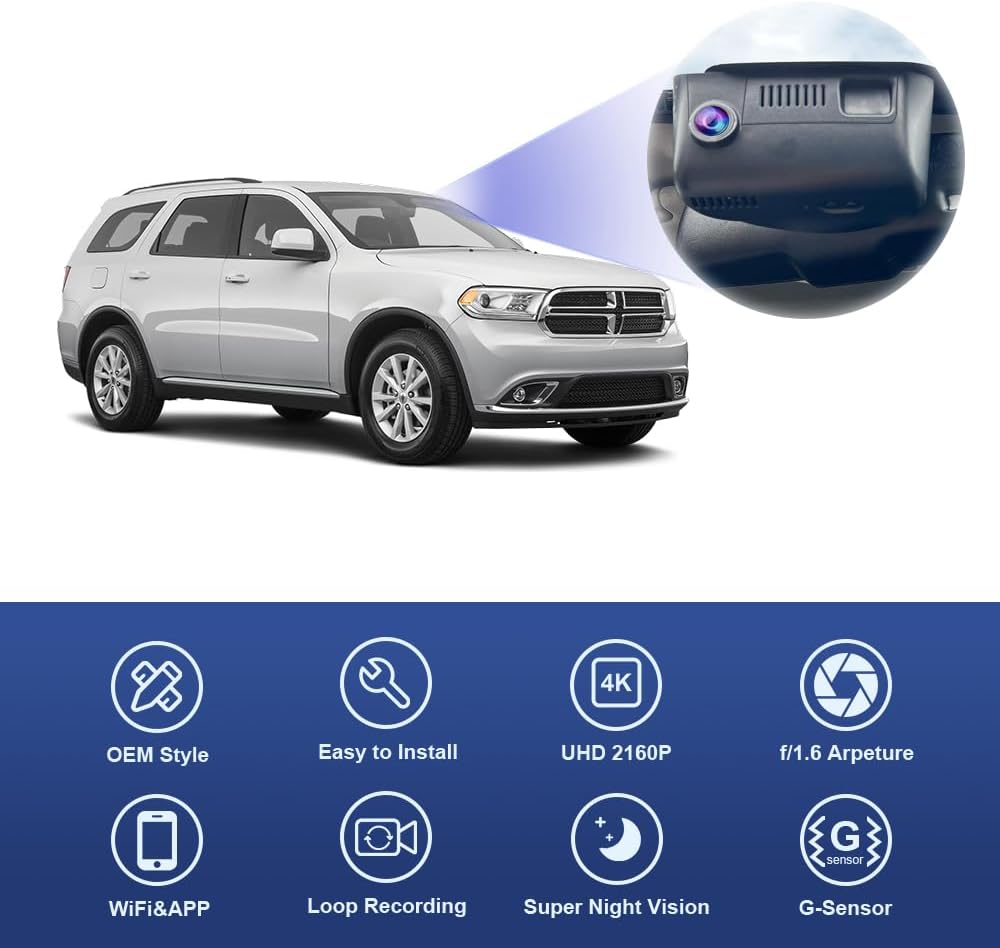 Dodge Durango Dash Cam (2014-2020), OEM Factory Look, UHD 2160P Video, Easy to Install