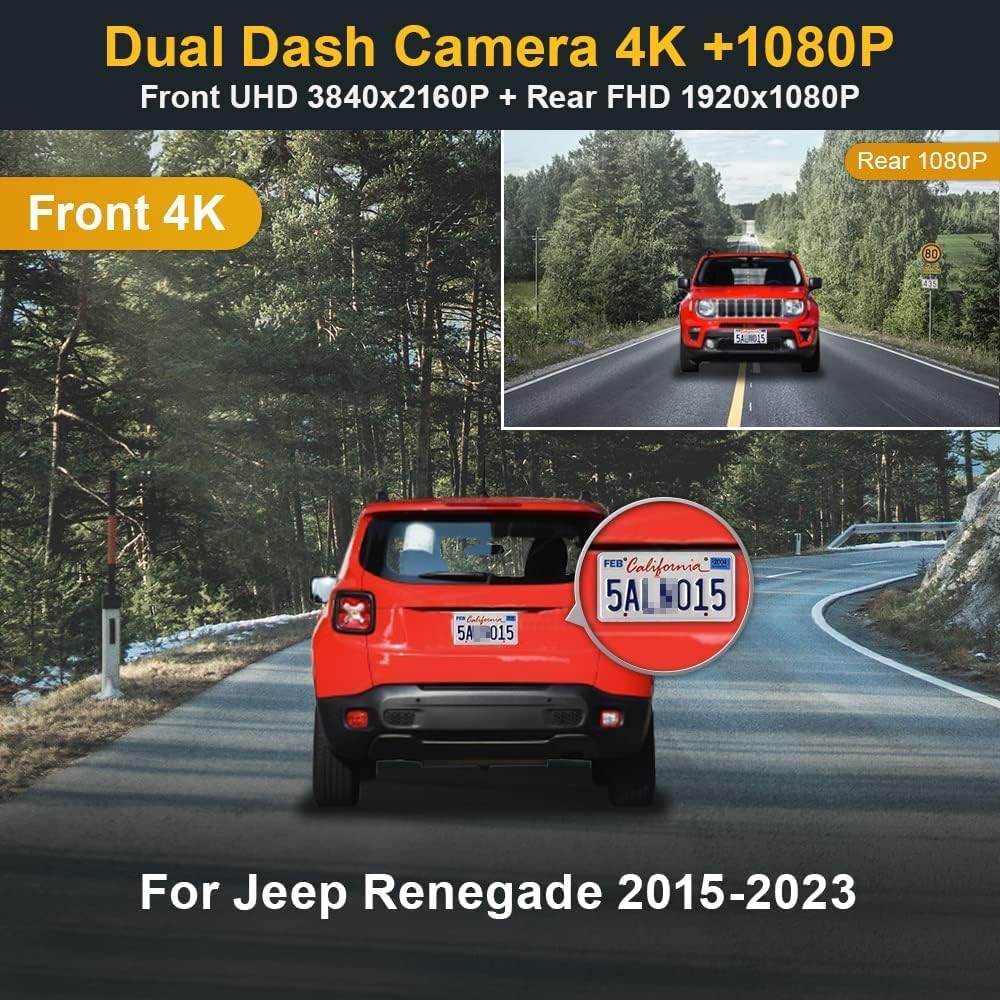 Jeep Renegade Dash Cam (2015-2023), OEM Factory Look, Front 4K+Rear 1080P Dash Cam