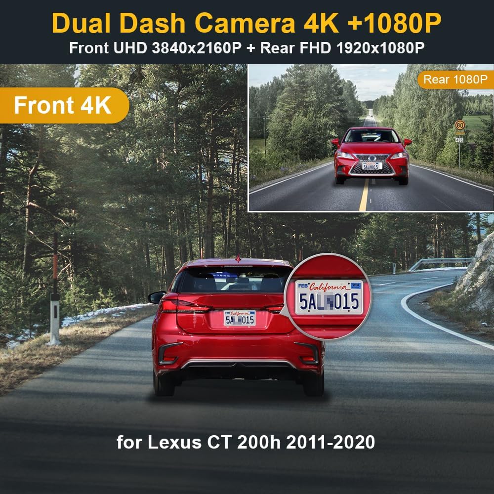Lexus CT Dash Cam (2011-2020), OEM Factory Look Front 4K+Rear 1080P Dash Cam, 128G