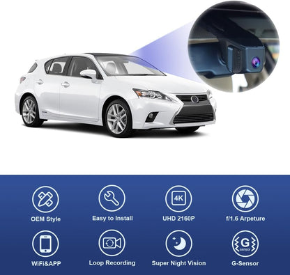 Lexus CT Dash Cam (2011-2020), OEM Factory Look Front 4K+Rear 1080P Dash Cam, 128G