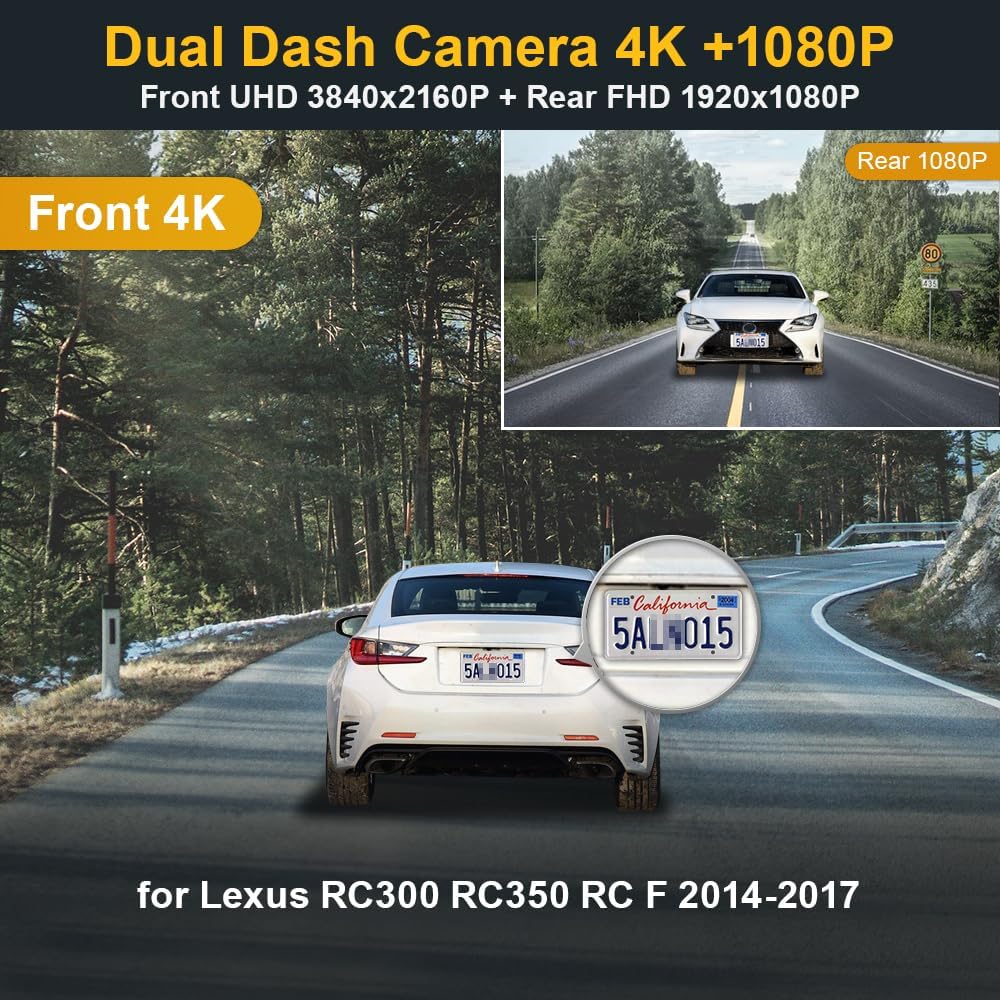 Lexus RC Dash Cam (2014-2017), OEM Factory Look Front 4K+Rear 1080P Dash Cam, Easy to Install