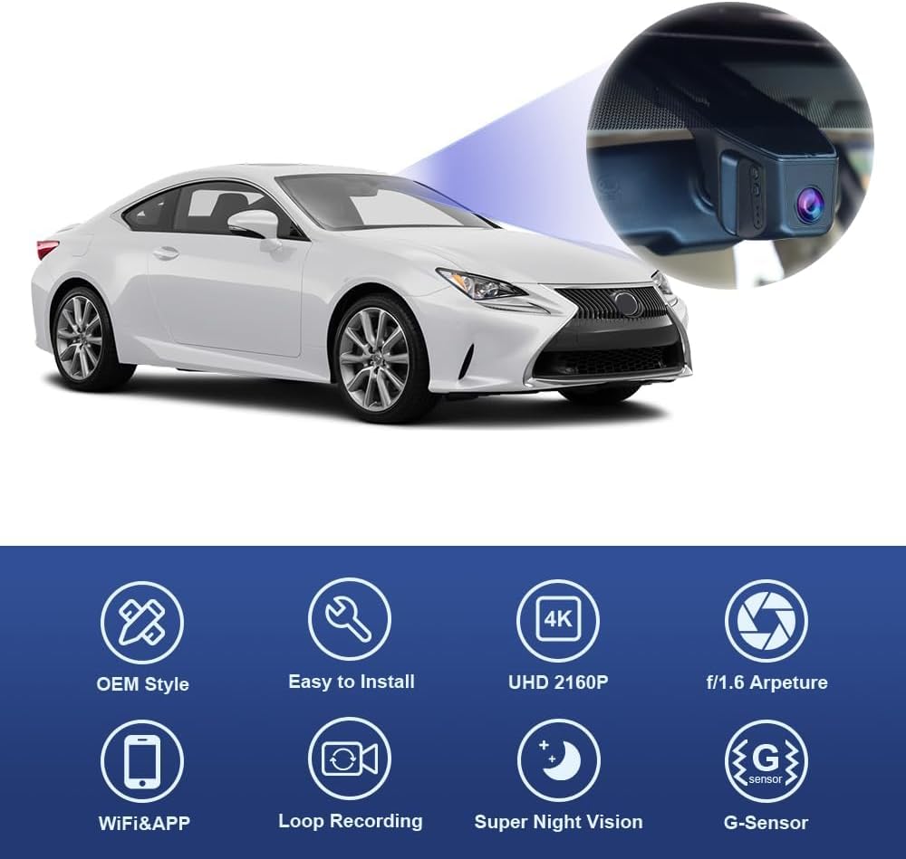 Lexus RC Dash Cam (2014-2017), OEM Factory Look Front 4K+Rear 1080P Dash Cam, Easy to Install
