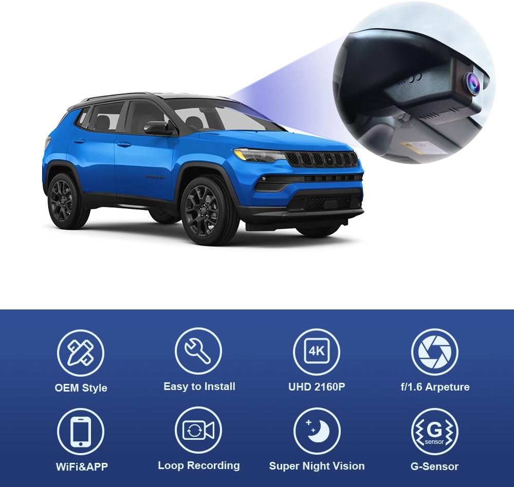 Integrated OEM Look Dash Cam Compatible with Jeep Compass (2018-2025) - Front 4K + Rear 1080P