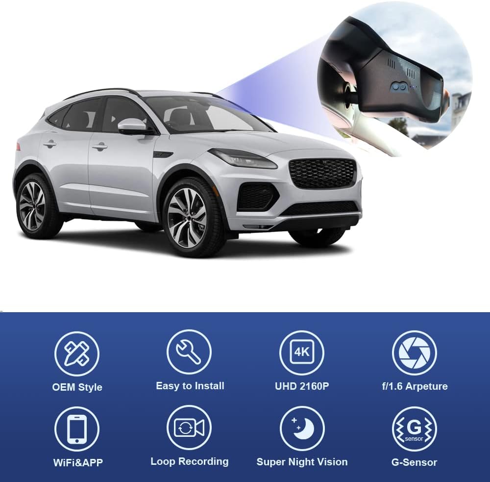 Jaguar E-Pace Dash Cam (2018-2022), Custom Fit OEM Style, 2160P UHD Video, with 64GB/128GB Card