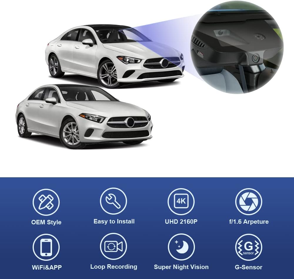 4K Dash Cam for Mercedes-Benz A Class (2019-2022) and CLA (2014-2023), Factory OEM Look, 2160P UHD Video