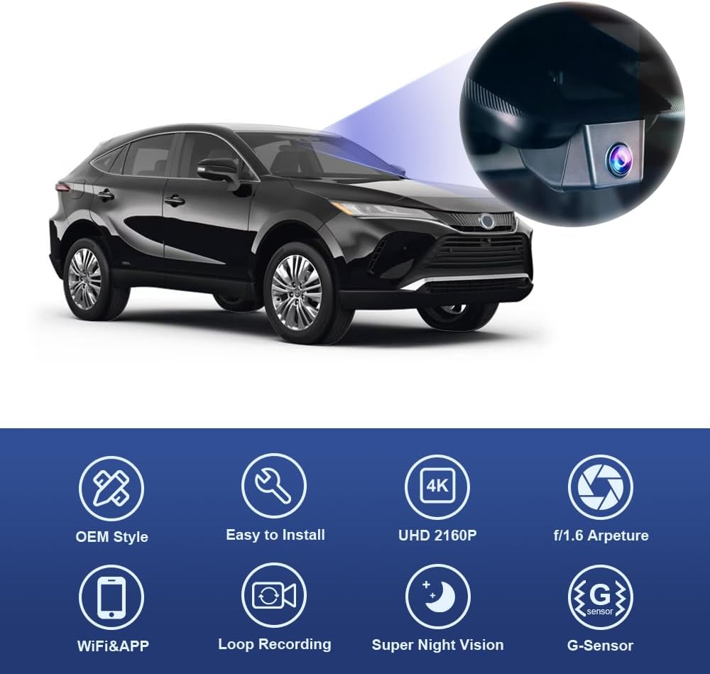 Toyota Venza Dash Cam (2021-2024), OEM Look, UHD 2160P Video, Built-in WiFi & APP, G-Sensor