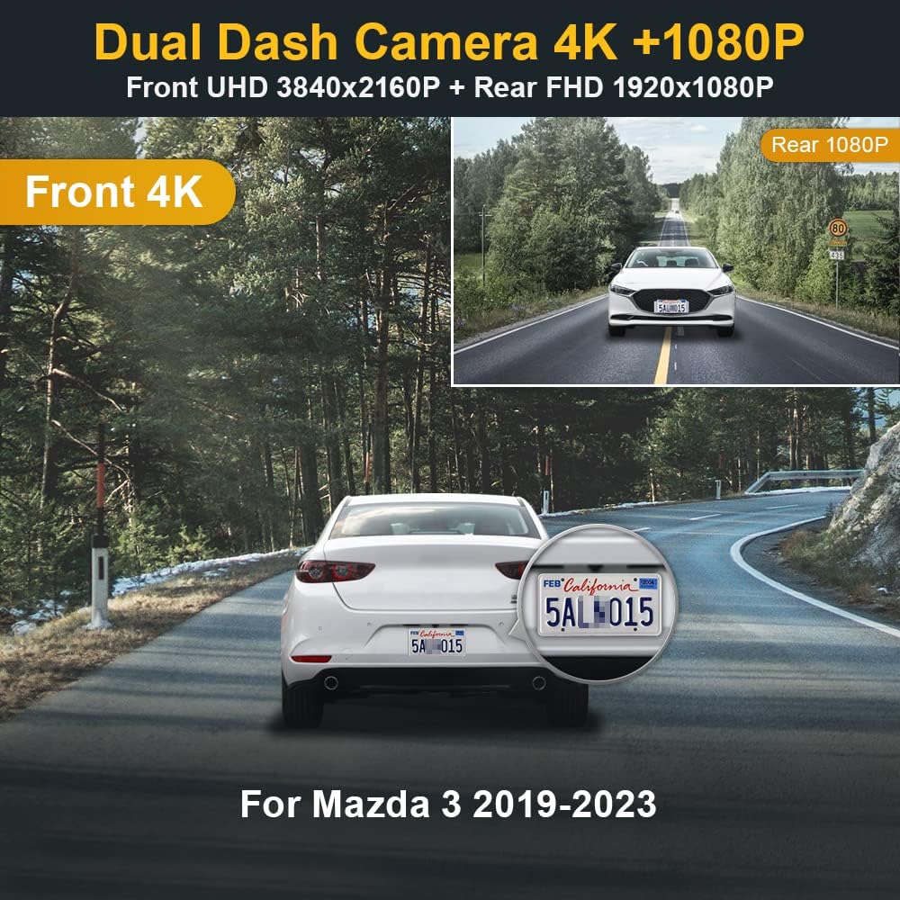 2019-2013 Mazda 3 Dash Cam (OBD), OEM Factory Look Front 4K+Rear 1080P Dash Cam, Loop Recording Parking Mode