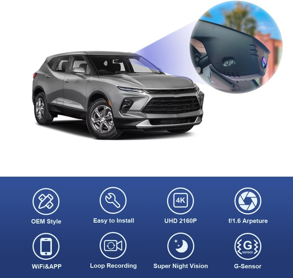 OEM Look Dash Cam for Chevrolet Chevy Blazer 2019-2024 (No Vents) - Front 4K + Rear 1080P
