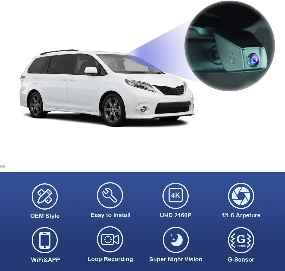 4K Dash Cam for 2014-2016 Toyota Sienna (12 Pin), Factory Fit OEM Style, UHD 2160P Video, Built-in WiFi & APP, G-Sensor