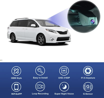 4K Dash Cam for 2014-2016 Toyota Sienna (12 Pin), Factory Fit OEM Style, UHD 2160P Video, Built-in WiFi & APP, G-Sensor