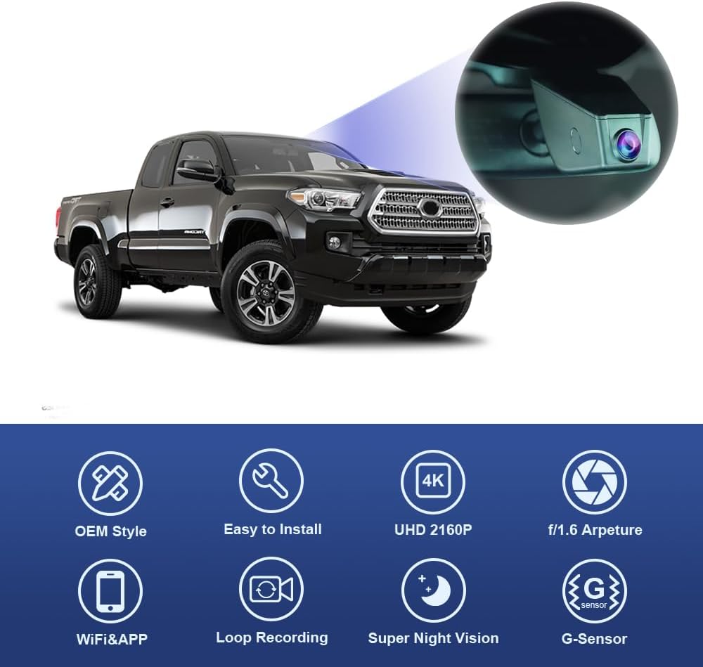 Toyota Tacoma Dash Cam 2016 2017 (12 Pin), Factory Fit OEM Look, UHD 2160P Video, WiFi & APP, Easy to Install