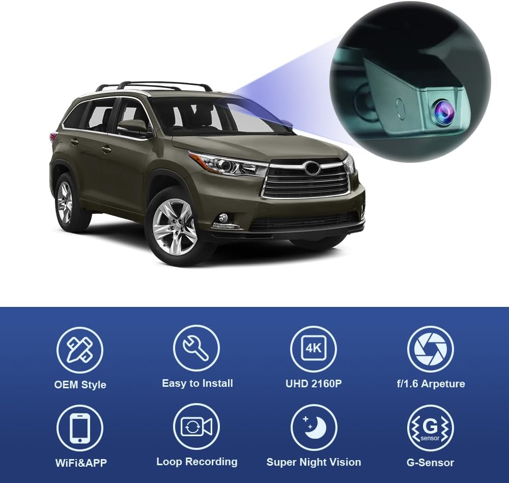 Toyota Highlander Dash Cam 2015 2016 (7 Pin), Factory Fit OEM Look, UHD 2160P Video, WiFi & APP, Loop Recording