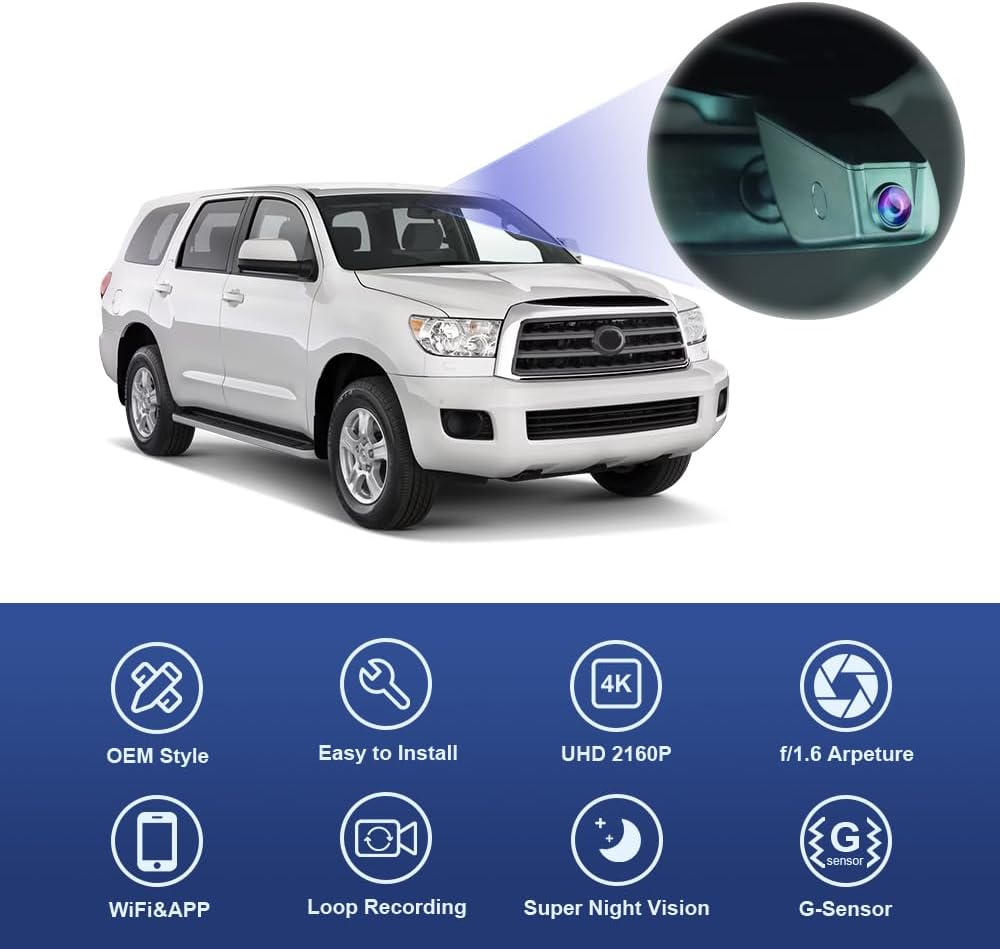 Toyota Sequoia Dash Cam 2012-2017 (12 Pin), Factory OEM Look, UHD 2160P Video, WiFi & APP, Loop Recording