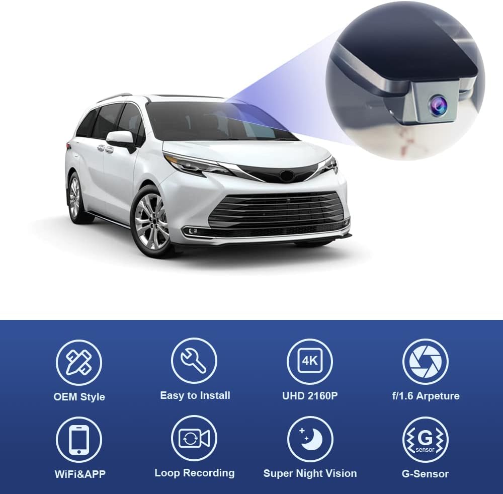 Toyota Sienna Dash Cam (2021-2026), Factory Fit OEM Style, UHD 2160P Video, Built-in WiFi & APP, G-Sensor