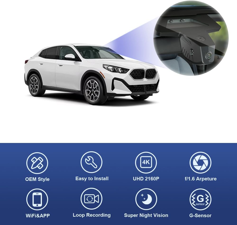 BMW X2 Dash Cam (2024-2026), Factory Fit OEM Style, UHD 2160P Video, WiFi & APP, Loop Recording