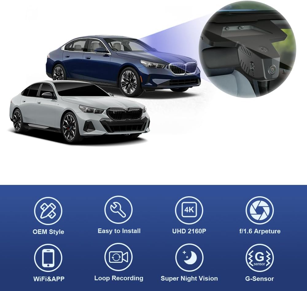 BMW 5 Series & i5 Dash Cam (2024-2026), OEM Factory Look, UHD 2160P Video, WiFi & APP, Loop Recording