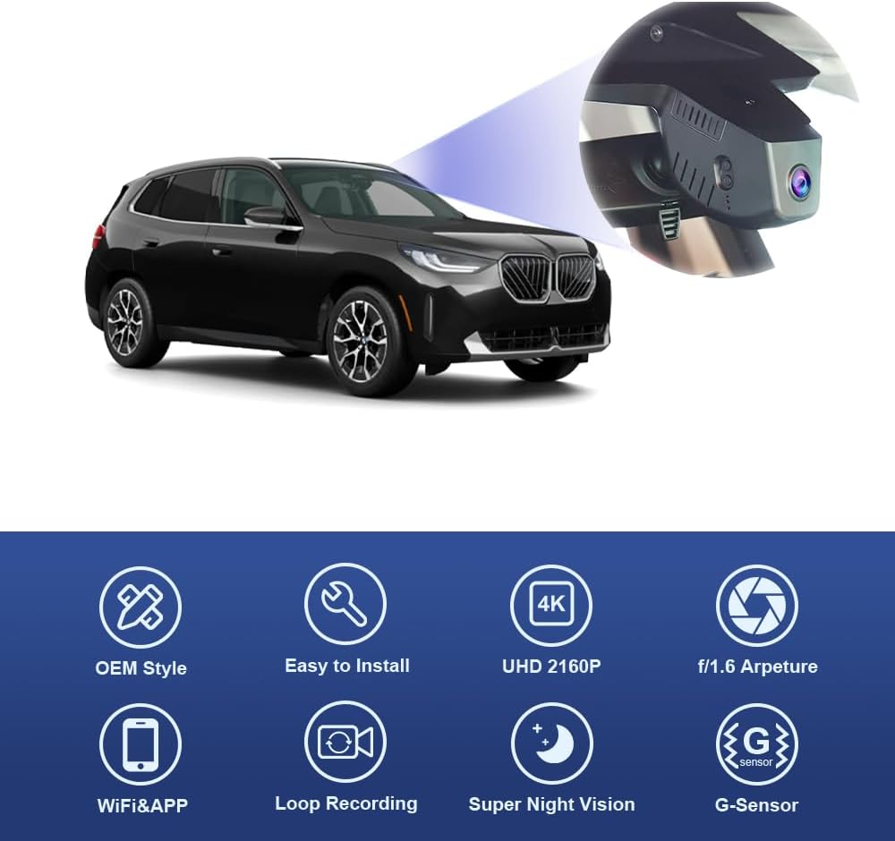 BMW X3 Dash Cam (2025-2026), Factory Fit OEM Style, UHD 2160P Video, WiFi & APP, G-Sensor
