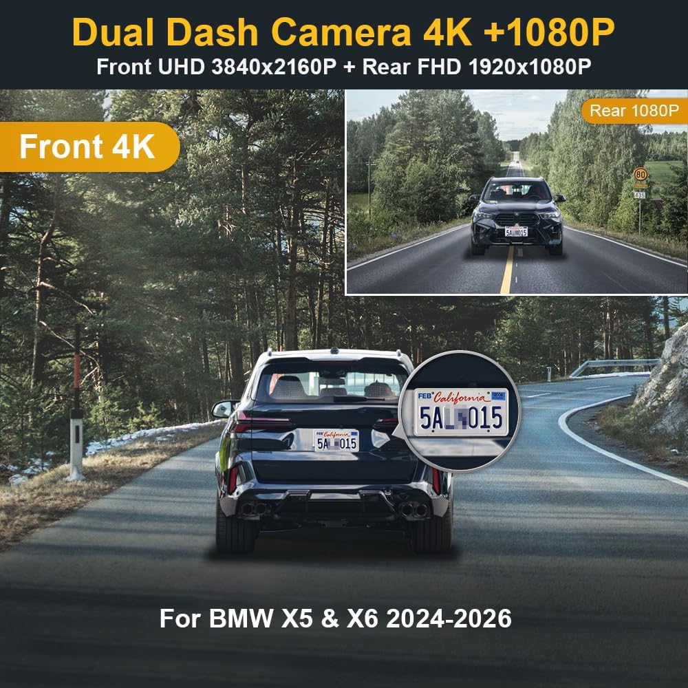 BMW X5 Dash Cam (2024-2026), OEM Look, Front 4K+Rear 1080P Dash Cam Adapts for BMW X5 X5 M Hybrid & X6 X6 M