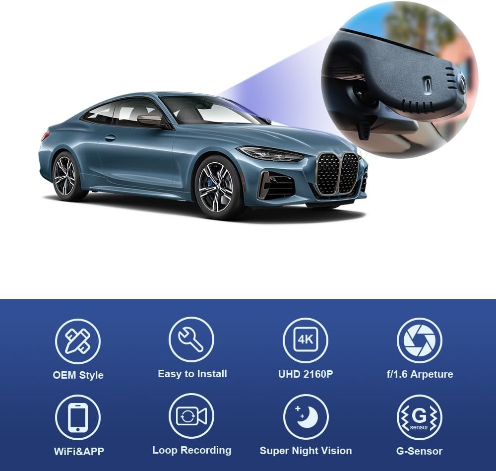 BMW 4 Series M4 Dash Cam (2020-2024), OEM Factory Look, UHD 2160P Video, WiFi & APP Connect, Loop Recording