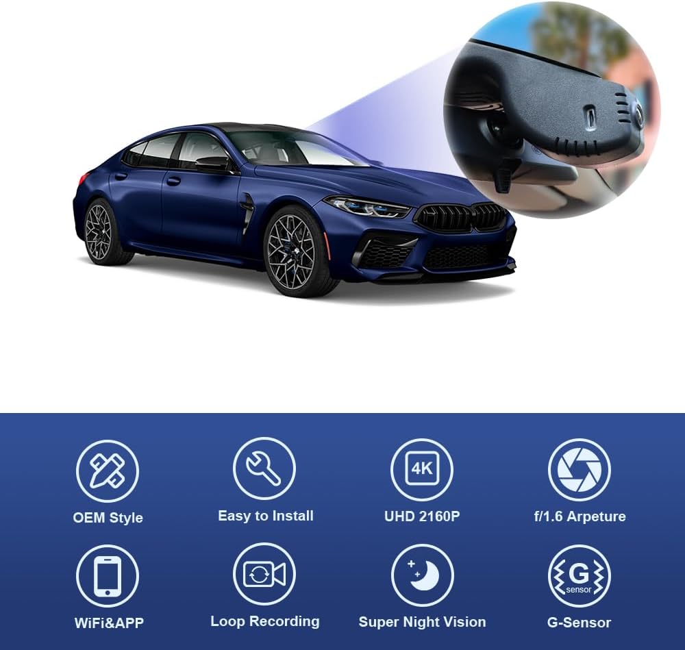 BMW 8 Series and M8 Dash Cam (2019-2024), OEM Look, UHD 2160P Video, WiFi & APP, Easy to Install