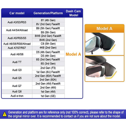 Audi Dash Cam 2019-2026 (Model A), OEM Look, UHD 2160P Video, Built-in WiFi & APP, G-Sensor