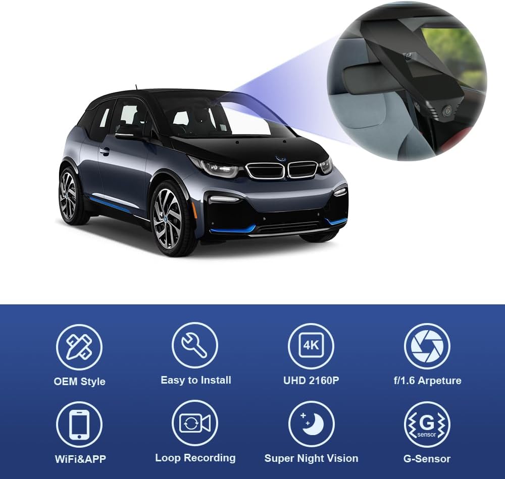 BMW i3 Dash Cam (2018-2021), Factory Fit OEM Style, UHD 2160P Video, WiFi & APP Connect, G-Sensor
