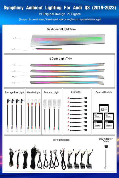 2019-2023 Audi Q3 Interior Ambient Lighting 256 Color Trim Decoration Accessories, OEM Factory Look Interior Car Ambient Lights
