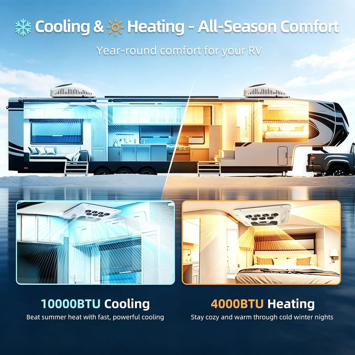 10000BTU 12V DC Rooftop Parking Air Conditioner with Heating for RVs, Trucks, Vans, Campers