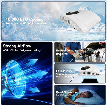 10000BTU 12V DC Rooftop Parking Air Conditioner with Heating for RVs, Trucks, Vans, Campers