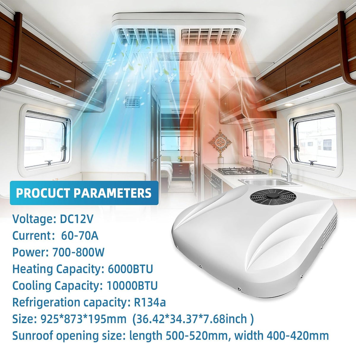 12V Air Conditioner, 10000 BTU Rooftop Heating and Cooling Parking Air Conditioner