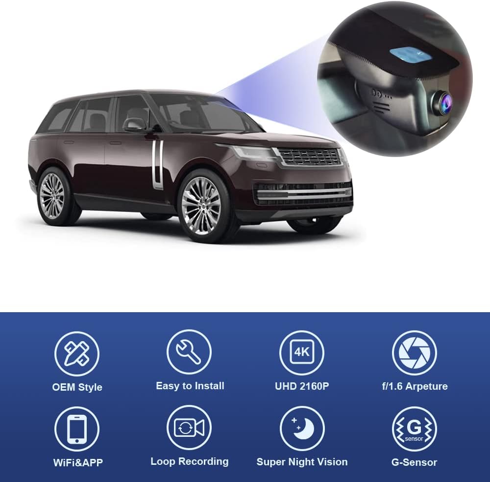 UHD 2160P 4K Dash Cam for Land Rover Range Rover 2010-2017, Built-in WiFi & APP, 64GB Card