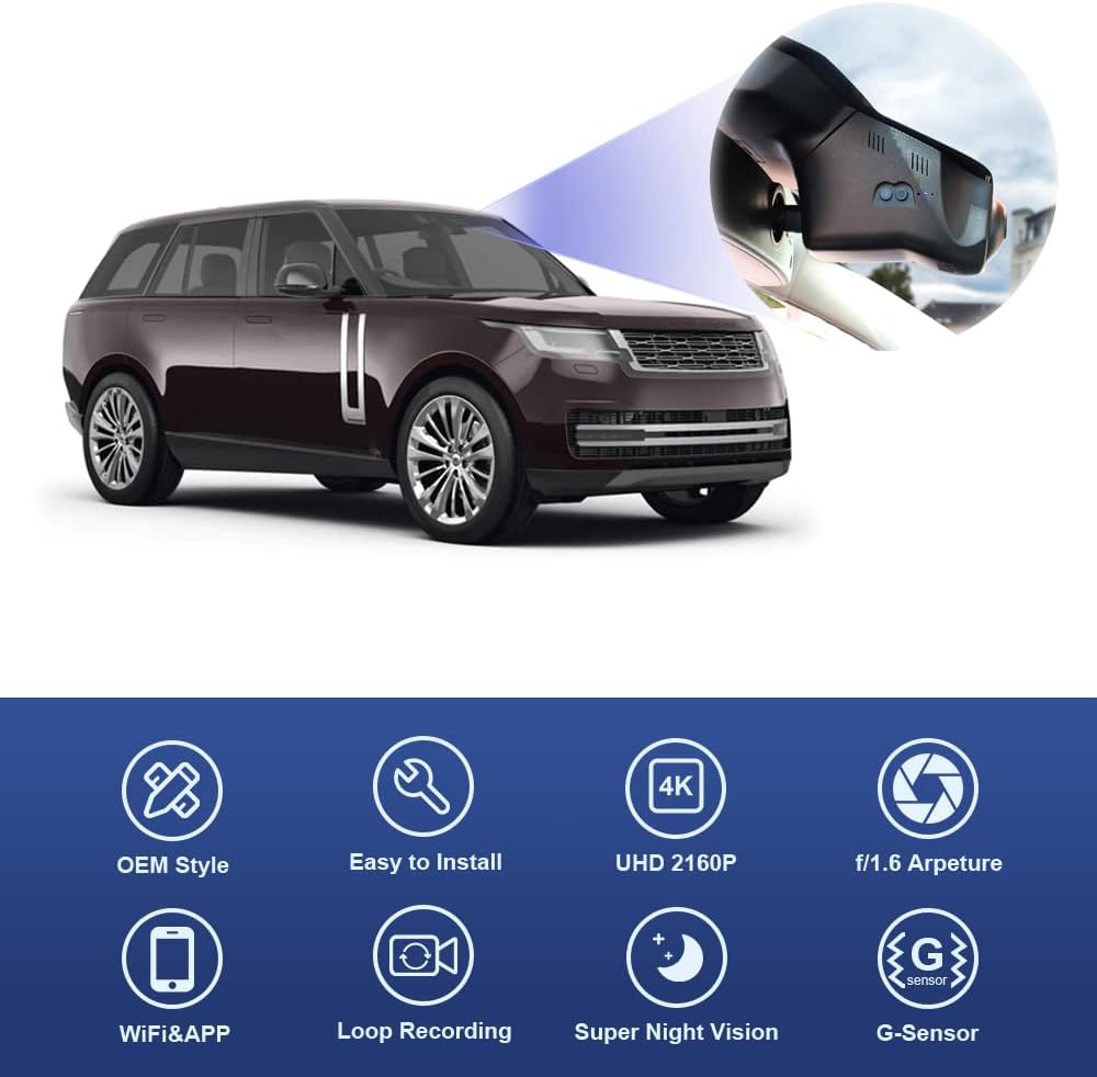 4K Dash Cam for Land Rover Range Rover 2018-2022, Built-in WiFi & APP, Loop Recording G-Sensor, Plug & Play, 64GB Card